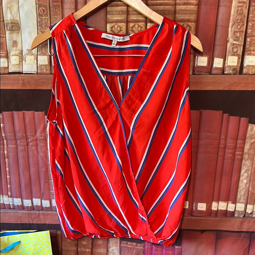 Collective Concepts Striped Faux Wrap Blouse Red Navy White Sleeveless Small